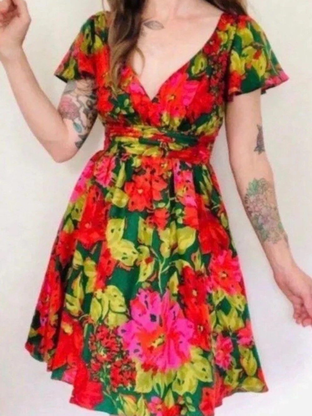Minuet Dress Womens Silk Floral Retro Party Short Flowy Short Sleeve Sz Small